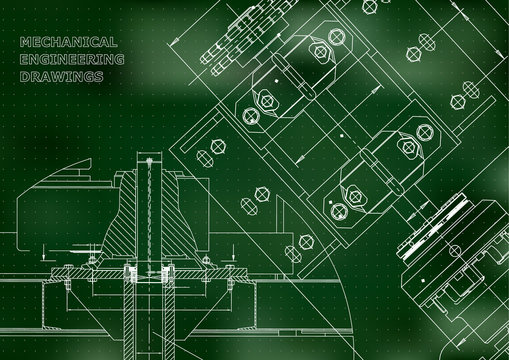 Blueprints. Mechanical construction. Technical Design. Engineering Cover. Banner. Green. Points
