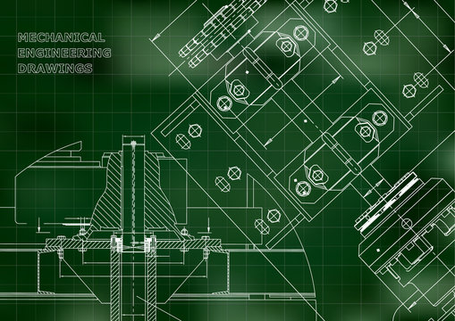 Blueprints. Mechanical construction. Technical Design. Engineering Cover. Banner. Green. Grid