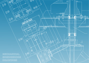 Blueprints. Mechanical engineering drawings. Technical Design. Cover. Banner. Blue and White