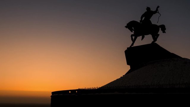 Monument to Salavat Yulaev at beautiful sunset timelapse, Ufa, Russia