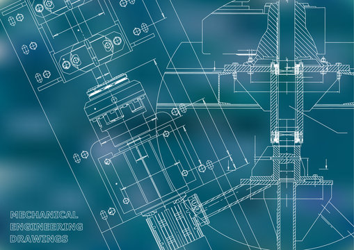 Blueprints. Mechanical engineering drawings. Technical Design. Cover. Banner. Blue