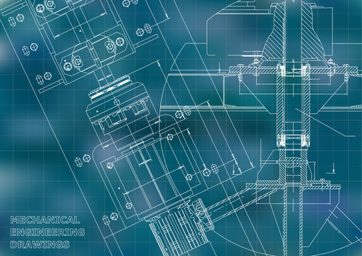 Blueprints. Mechanical engineering drawings. Technical Design. Cover. Banner. Blue. Grid