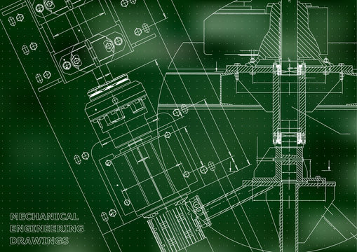 Blueprints. Mechanical engineering drawings. Technical Design. Cover. Banner. Green. Points