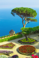 Picture postcard with terrace with flowers in the garden Villas Rufolo in Ravello. Amalfi Coast,...