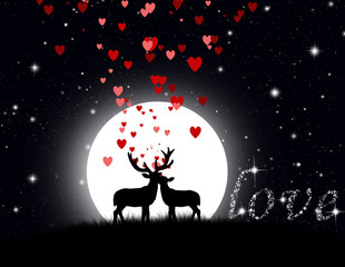 a pair of reindeer against the background of the moon at night. Valentine's card