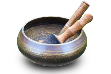 Tibetan Singing Bowl with wooden mallets on white background.