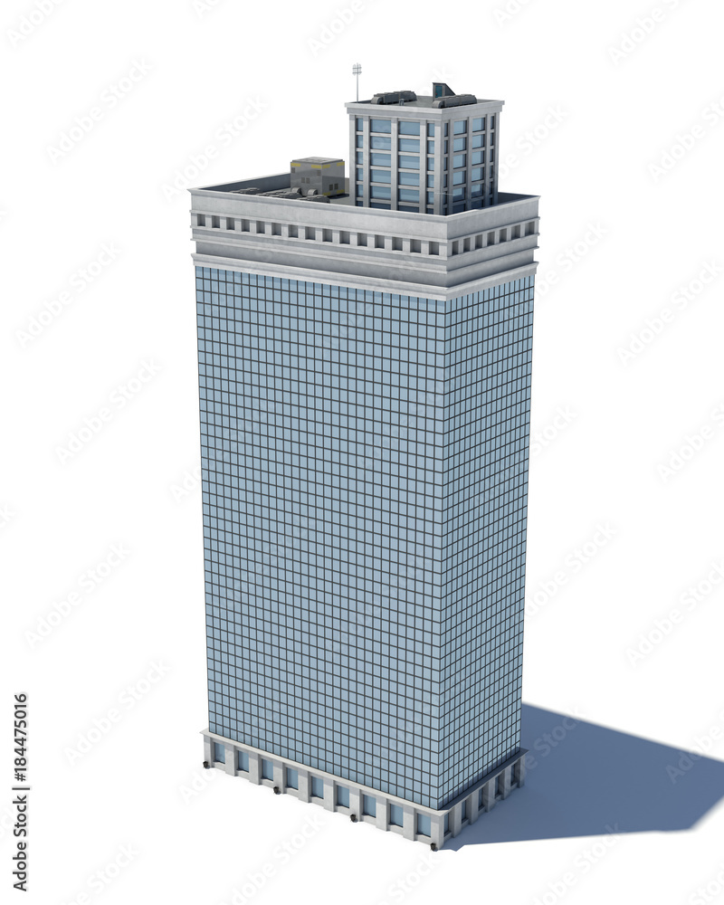 Poster 3d rendering of a white high office building with many large windows.