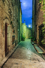 Fototapeta na wymiar Narrow cobbled street with flowers in the old village at night, France.