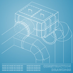 Drawings of structures. Pipes and pipe. 3d blueprint of steel structures. Blue and white