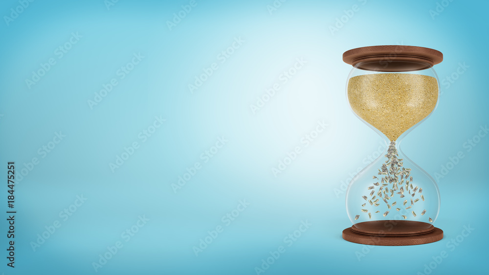 Poster 3d rendering of a large retro hourglass with trickling golden sand turning into dollar bills in the 