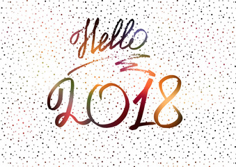 Hello 2018. New Year 2018. New Year's greeting card, cover, banner. New Year's lights. Snow. White Holographic