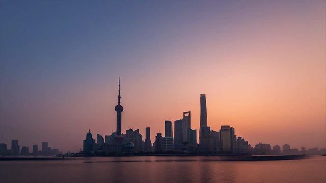 Timelapse.Skyscrapers Skyline Sunrise In Waitan Bund,Shanghai,China