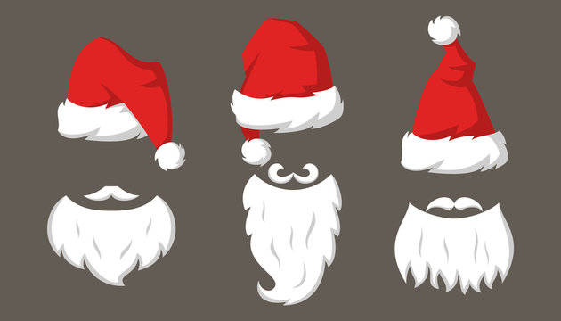 Set of Red hats and beards of Santa Claus.