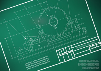 Mechanical drawings on a  white background. Engineering illustration. Frame. Light green
