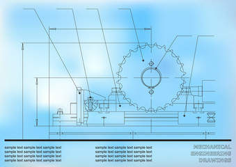 Mechanical drawings on a blue and white background. Engineering illustration