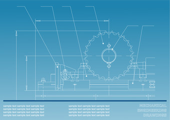 Mechanical drawings on a blue background. Engineering illustration