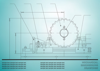 Mechanical drawings on a light blue background. Engineering illustration