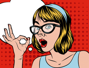Pretty girl vector cartoon illustration in pop art style. A woman with glasses holds a hand and showing ok sign. A Woman's face with a speech bubble over halftone background