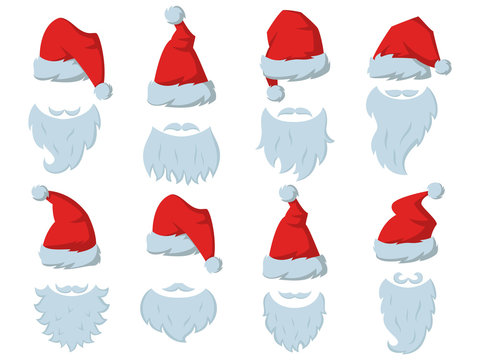 Set of Red hats and beards of Santa Claus.