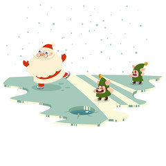 Santa Claus and cute elves skate on the ice. Vector cartoon character isolated on a white background.