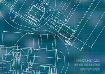 Mechanical Engineering drawing. Blueprints. Mechanics. Cover. Engineering design. Blue. Grid