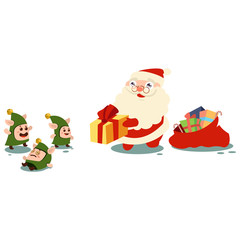 Obraz premium Santa Claus with gifts and cute elves. Vector cartoon character isolated on a white background.