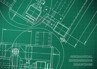 Mechanical Engineering drawing. Blueprints. Mechanics. Cover. Engineering design. Light green. Grid