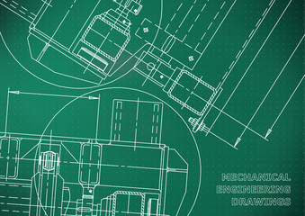Mechanical Engineering drawing. Blueprints. Mechanics. Cover. Engineering design. Light green. Points