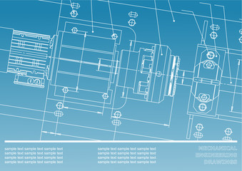 Mechanical engineering drawings on a light blue and white background. Vector. Background for inscription