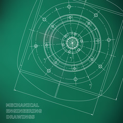 Mechanical engineering drawings. Engineering illustration. Vector. Light green