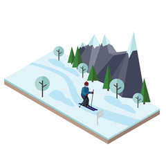 Isometric man skiing. Cross country skiing, winter sport. Olimpic games, recreation lifestyle, activity speed extreme