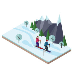 Isometric man and woman skiing. Happy couple loves skiing. Cross country skiing, winter sport. Olimpic games, recreation lifestyle, activity speed extreme