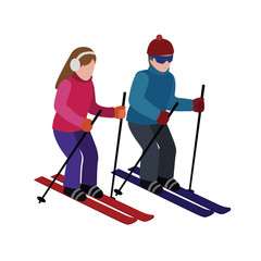 Isometric isolated man and woman skiing. Happy couple loves skiing. Cross country skiing, winter sport. Olimpic games, recreation lifestyle, activity speed extreme