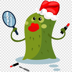 Cartoon Christmas monster in red Santa hat with mirror and lipstick. Vector illustration isolated on a transparent background.