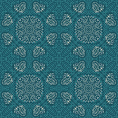 Seamless doodle drawing. floral ornament. Ethnic motives. Zentangl Hearts. Blue