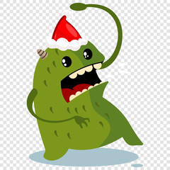 Cartoon Christmas monster in Santa hat. Vector character isolated on a transparent background.