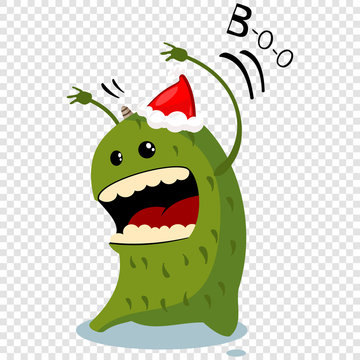 Cartoon Christmas monster in red Santa hat. Vector illustration isolated on a transparent background.