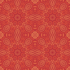 Seamless pattern doodle ornament. Orange background. Ethnic