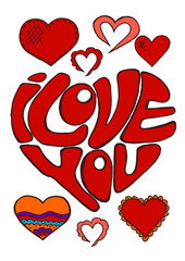 Sketch, stickers, pins. Doodle elements. Heart. Hand drawing. Love, feelings. St. Valentine's Day. Lettering. I love you