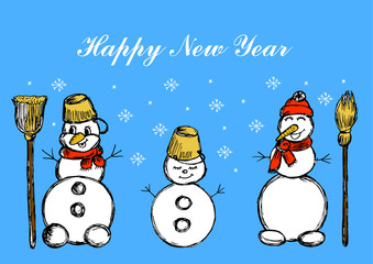 Three snowmen. It's snowing. Snowflakes. Winter illustration. Hand drawing. Blue Doodle image. Happy New Year