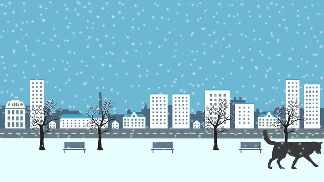 Winter cityscape, animation with dog and snow