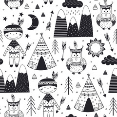 seamless pattern with tribal boy and owl in Scandinavian style - vector illustration, eps