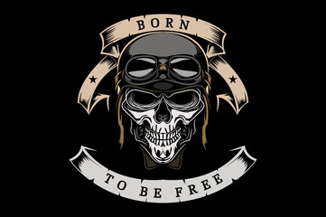 skull in helmet and goggles. biker. born to be free