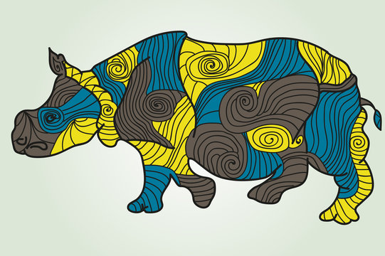 beautiful rhinoceros painted colored lines and waves.