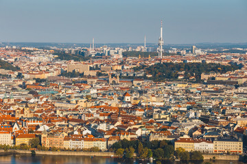 aerial view of mala strana district, Prague Czech republic, red tile roofs