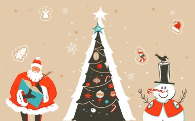 Hand drawn vector abstract fun Merry Christmas time cartoon illustration greeting card with Santa Claus,xmas tree,snowman and place for your text isolated on craft background