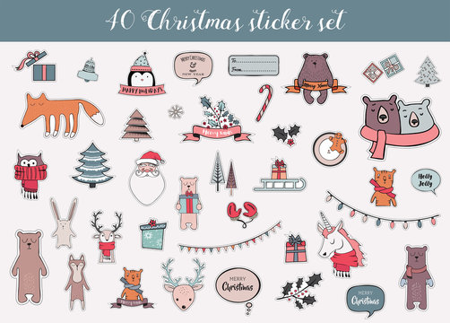 colorful christmas and winter sticker set