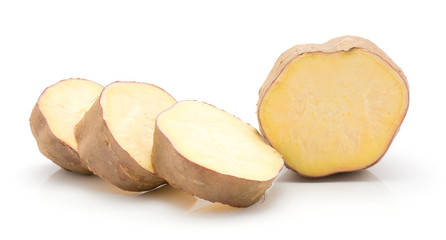Sliced sweet potato circles isolated on white background four slices.