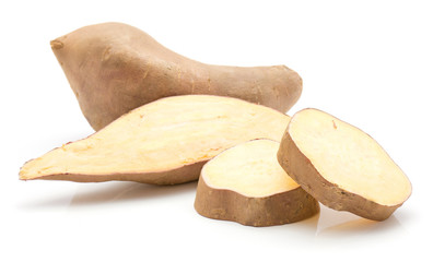 Sweet potato isolated on white background one whole one cross section half and two sliced circles.