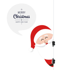 santa behind board merry christmas speech bubble isolated white background